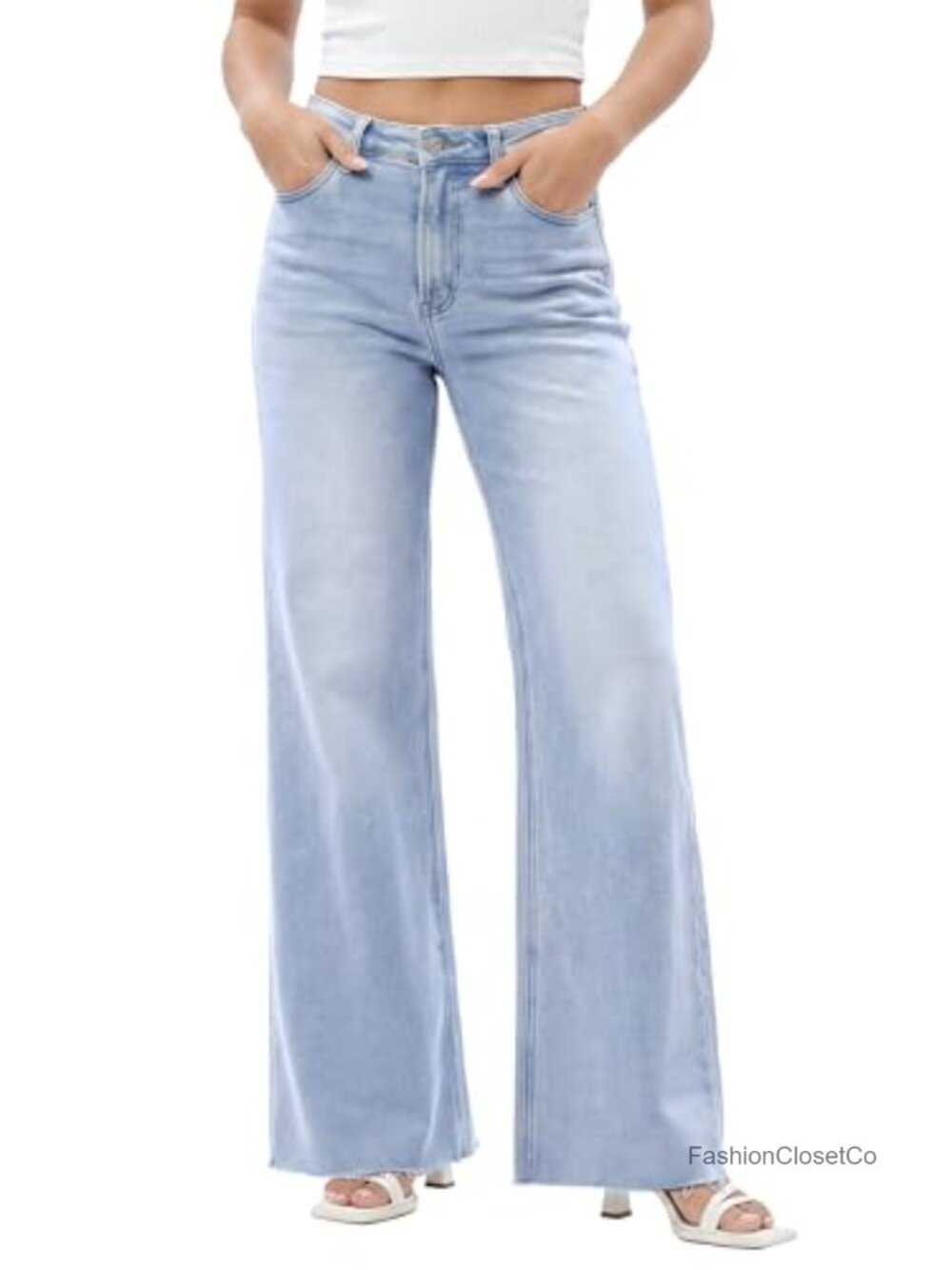 High Waist Stretchy Wide Leg Jeans Women Baggy Denim Pants Raw Hem Tummy Control